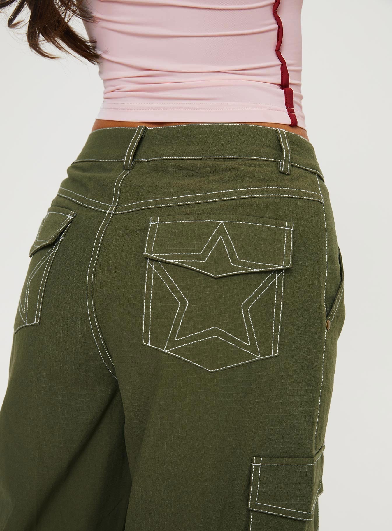Mid-rise cargo pants Belt looped waistband, zip & button fastening, six pockets, wide leg Non-stretch material, unlined 