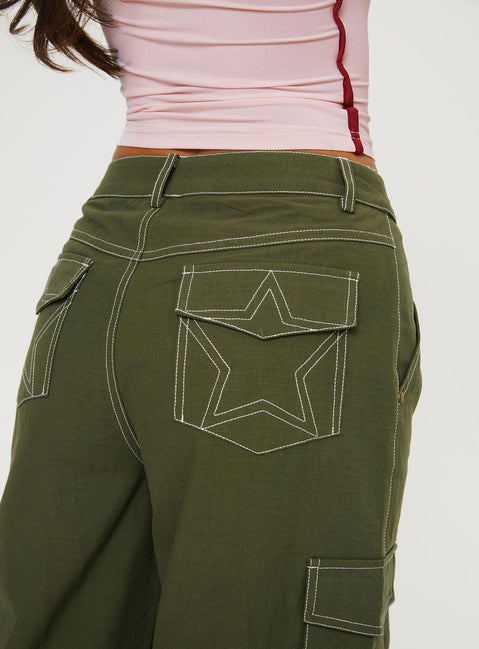 Mid-rise cargo pants Belt looped waistband, zip & button fastening, six pockets, wide leg Non-stretch material, unlined 