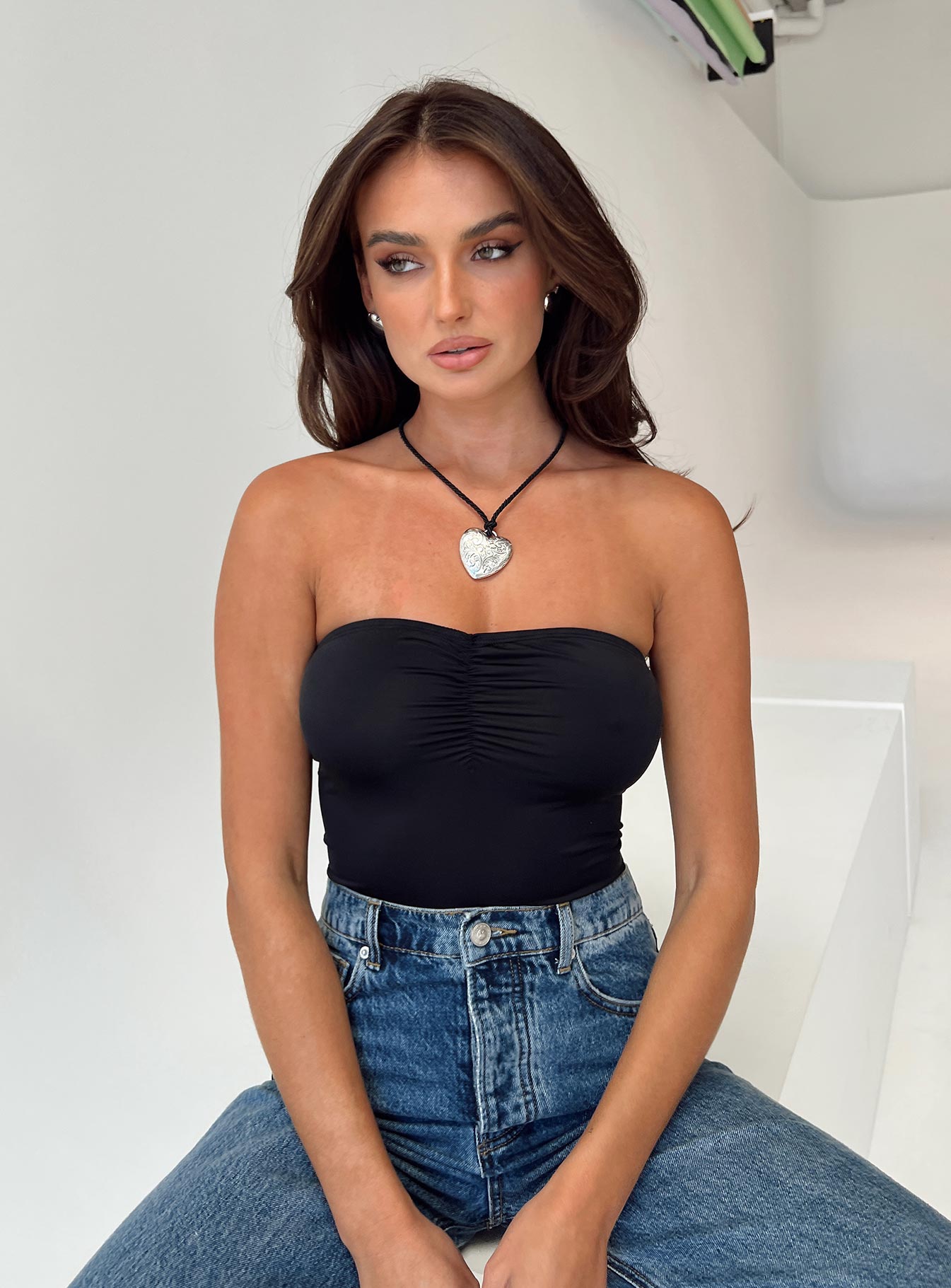 front view of model wearing Princess Polly Devra Strapless Bodysuit Black Sleeveless straight 