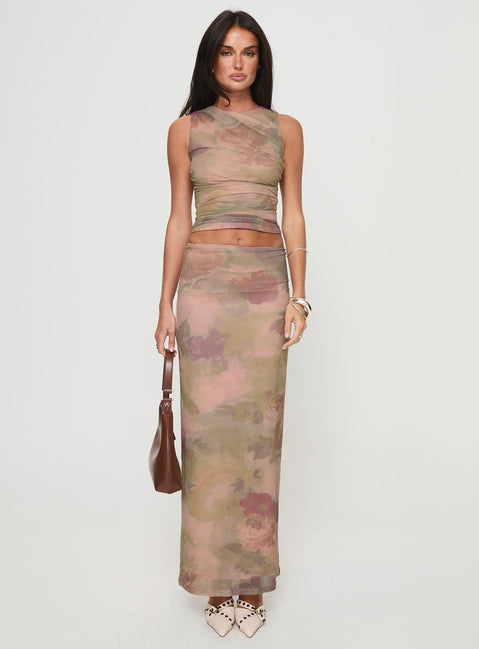   front view of model wearing Princess Polly Cascadia Maxi Skirt Purple Multi Maxi 