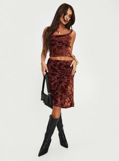 Front view of model wearing  front Devore Midi Skirt Burgundy Princess Polly  Midi Skirts 