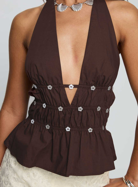 back view of model wearing Princess Polly Movies End Halter Top Brown Sleeveless Plunger 