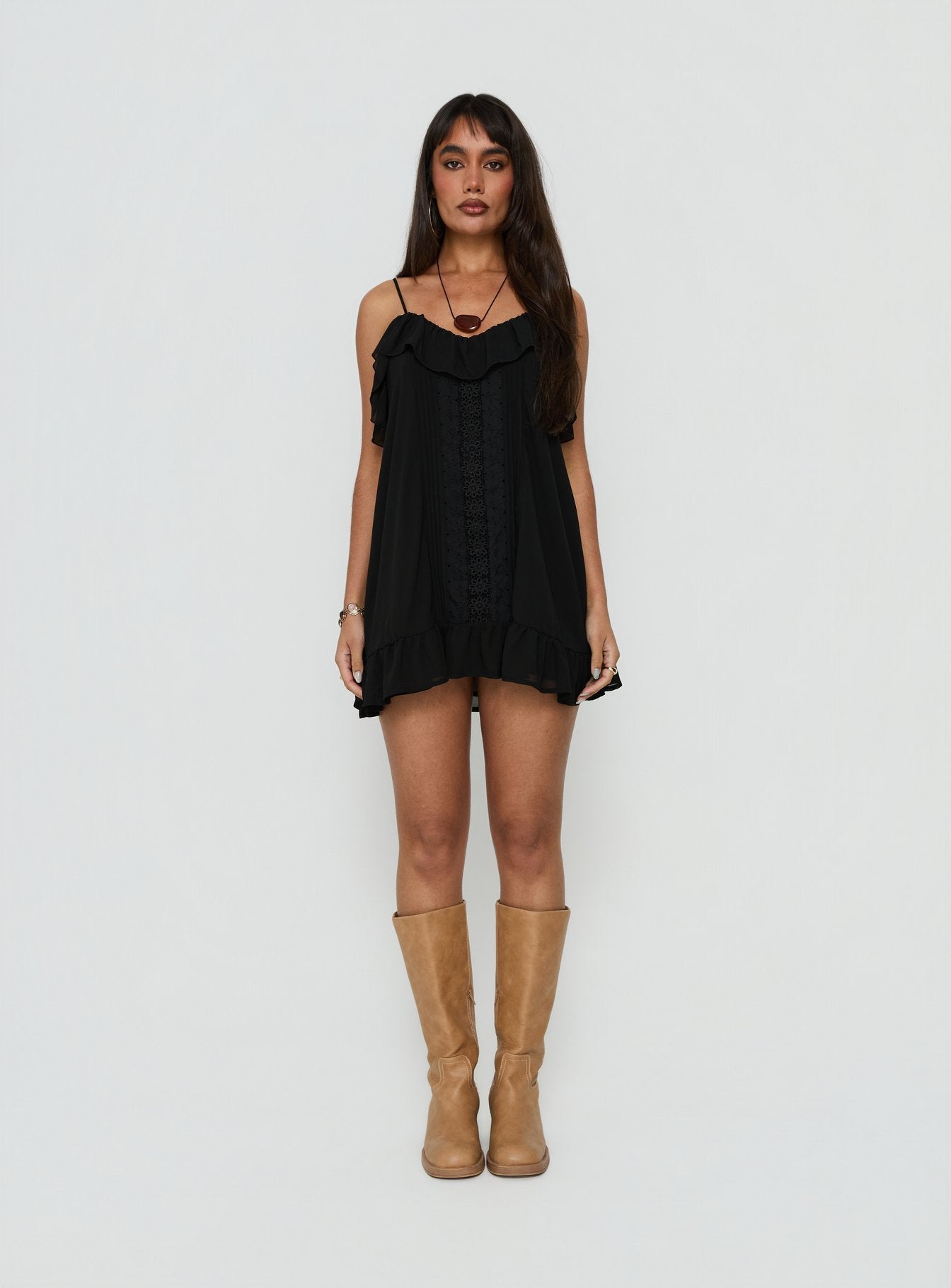 Somnielle Frill Lace Detail Mini Dress Black
