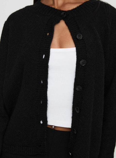 front view of model wearing Princess Polly Denmark Cardigan Black Cropped Jumpers Jumpers 