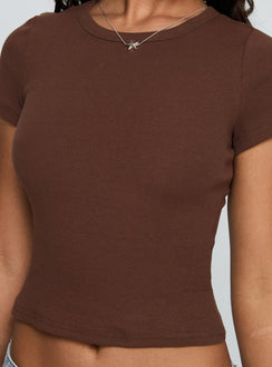 back view of model wearing Princess Polly Baseline Scoop Rib Tee Chocolate Short Sleeves Crew Neck 