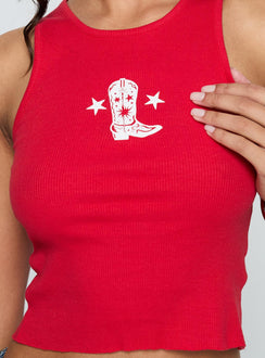 back view of model wearing Princess Polly Boot Scootin Graphic Tank Top Red Sleeveless Crew Neck 