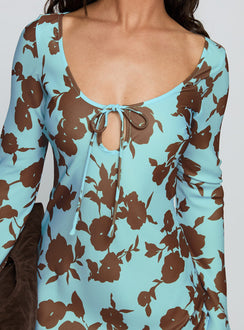 back view of model wearing Princess Polly Elorie Long Sleeve Maxi Dress Blue / Brown Scoop Neck 