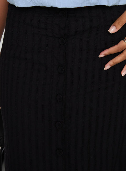 back view of model wearing Princess Polly Livie Maxi Skirt Black Maxi Skirts Skirts 