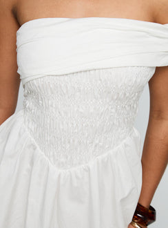 back view of model wearing Princess Polly Fruitful Off Shoulder Mini Dress White Straight Neck 