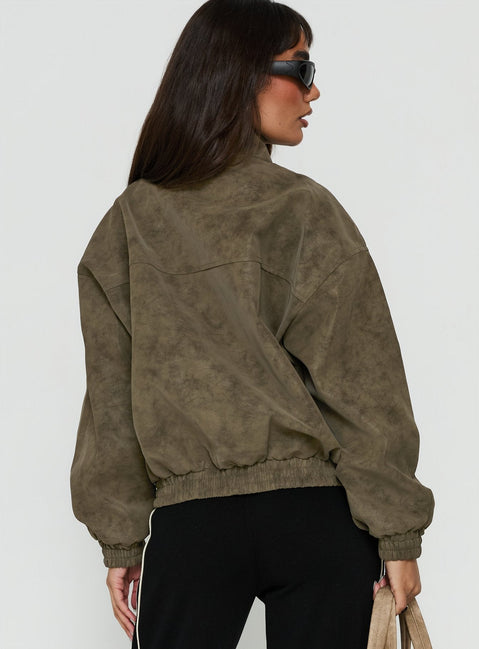 Ellissa Faux Suede Bomber Jacket Khaki