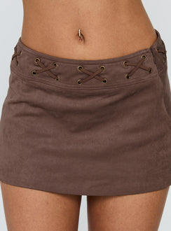 back view of model wearing Princess Polly Jordayna Stud Mini Skirt Brown Mini Skirts 