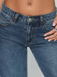 back view of model wearing Princess Polly Dog Days Mid Rise Straight Leg Jeans Dark Blue Wash Mid Rise Jeans 