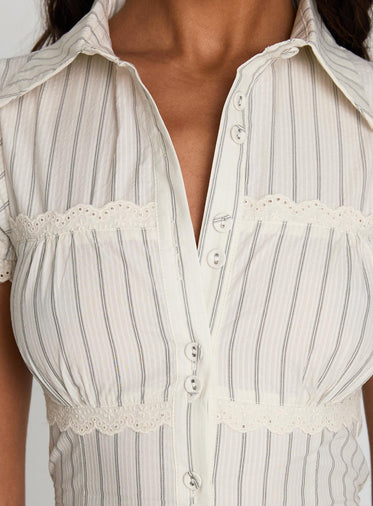 Deserve You Puff Sleeve Button Front Top Cream Stripe Petite