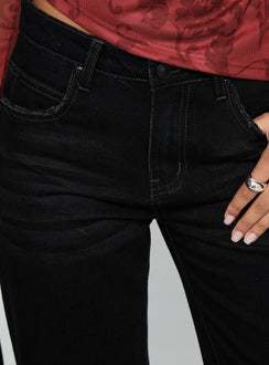 back view of model wearing Princess Polly West End Girl Mid Rise Straight Leg Jeans Washed Black Mid Rise Jeans 