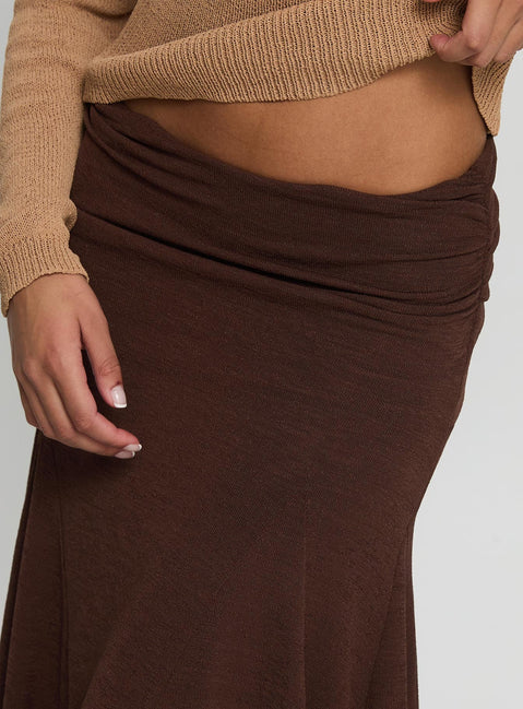 back view of model wearing Princess Polly Lewish Low Rise Midi Skirt Chocolate Midi Skirts 
