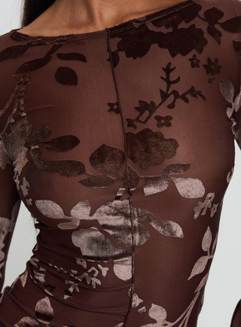 product Princess Polly Meant To Be Mesh Long Sleeve Top Brown Floral Full Sleeves Boat Neck 