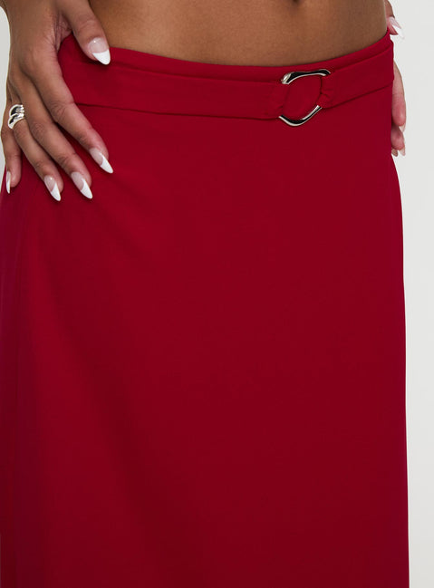   front view of model wearing Princess Polly Devoted Maxi Skirt Red Maxi 
