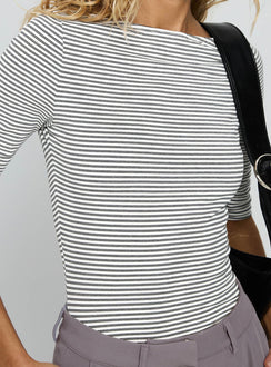 side view of model wearing Princess Polly Here One Moment 3/4 Sleeve Bodysuit Black / White Stripe Half Sleeve 