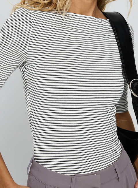 side view of model wearing Princess Polly Here One Moment 3/4 Sleeve Bodysuit Black / White Stripe Half Sleeve 