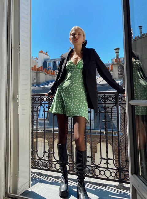 Front view of model wearing  front Princess Polly Square Neck  Nellie Mini Dress Sage Floral