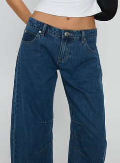 side view of model wearing Princess Polly Lost Track Mid Rise Barrel Leg Jeans Mid Wash Mid Rise Jeans 