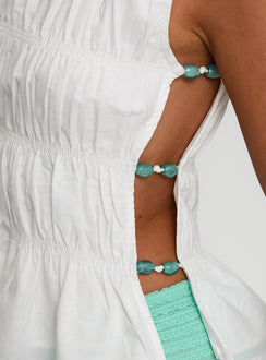 back view of model wearing Princess Polly Read My Soul Bead Detail Top White Sleeveless Boat Neck 