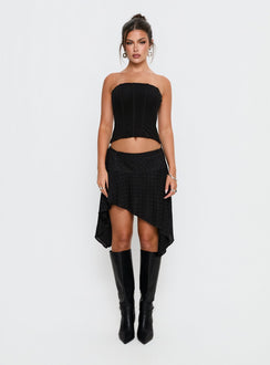   side view of model wearing Princess Polly Hevenna Asymmetrical Plisse Mini Skirt Black Diamante Mini Skirts 