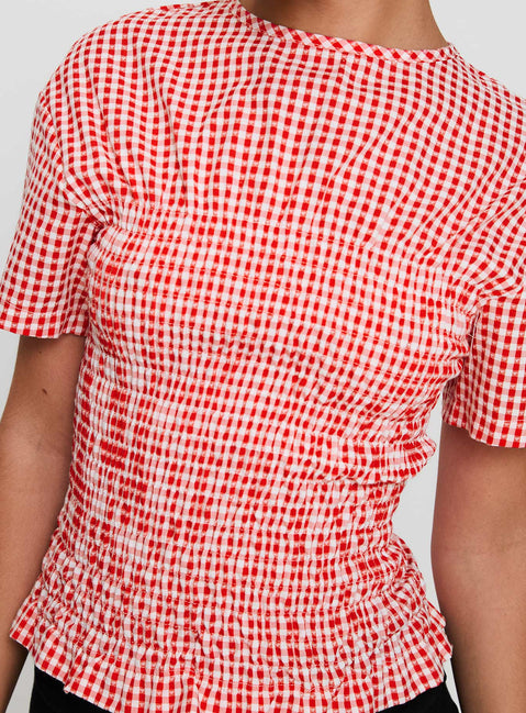 back view of model wearing Princess Polly Maybe Tomorrow Ruched Top Red Check Short Sleeves High Neck 