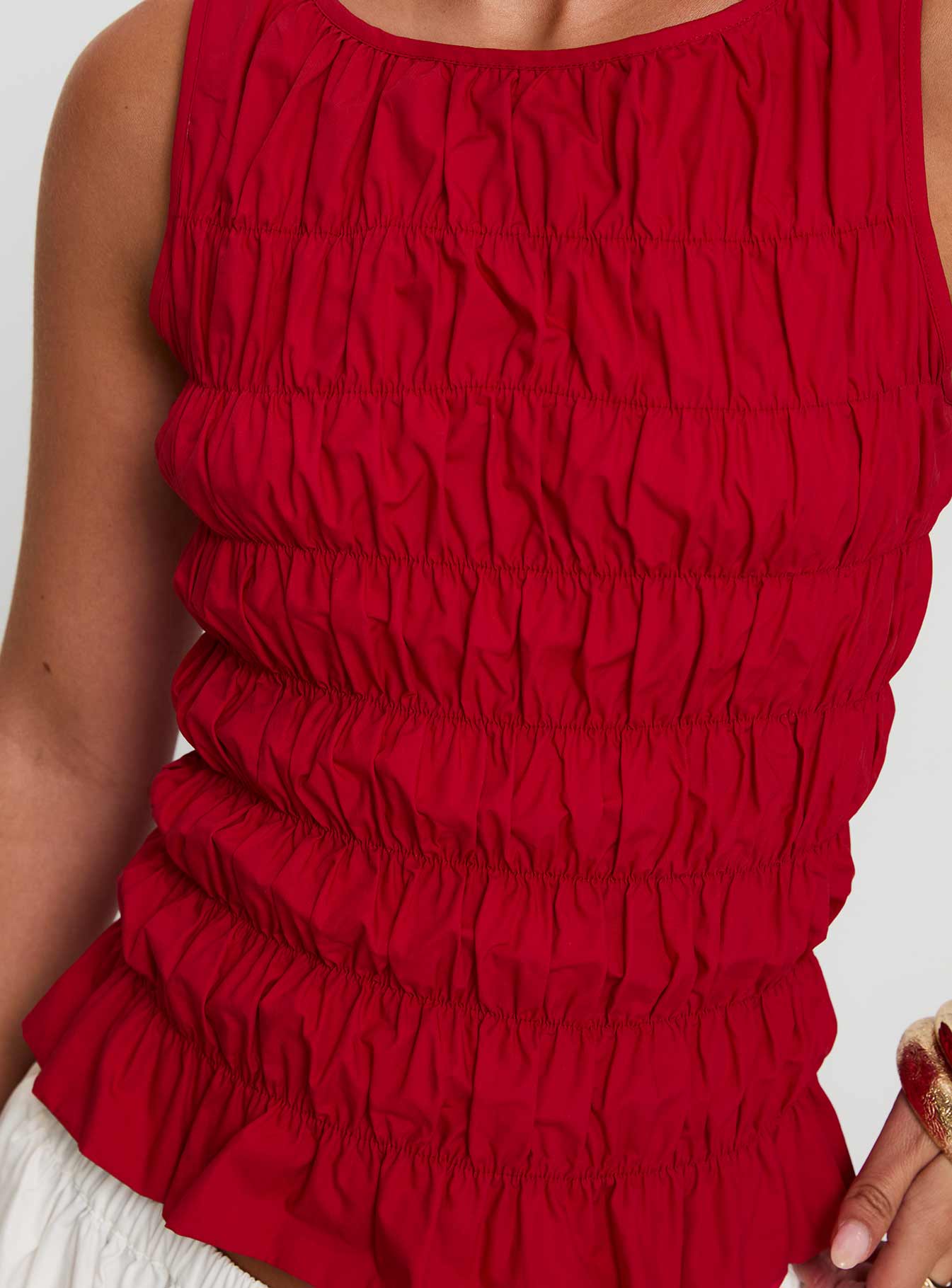 back view of model wearing Princess Polly Marleene Shirred Top Red Sleeveless Crew Neck 