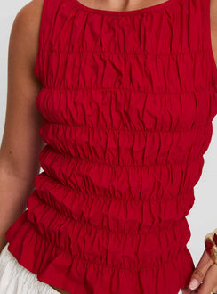 back view of model wearing Princess Polly Marleene Shirred Top Red Sleeveless Crew Neck 