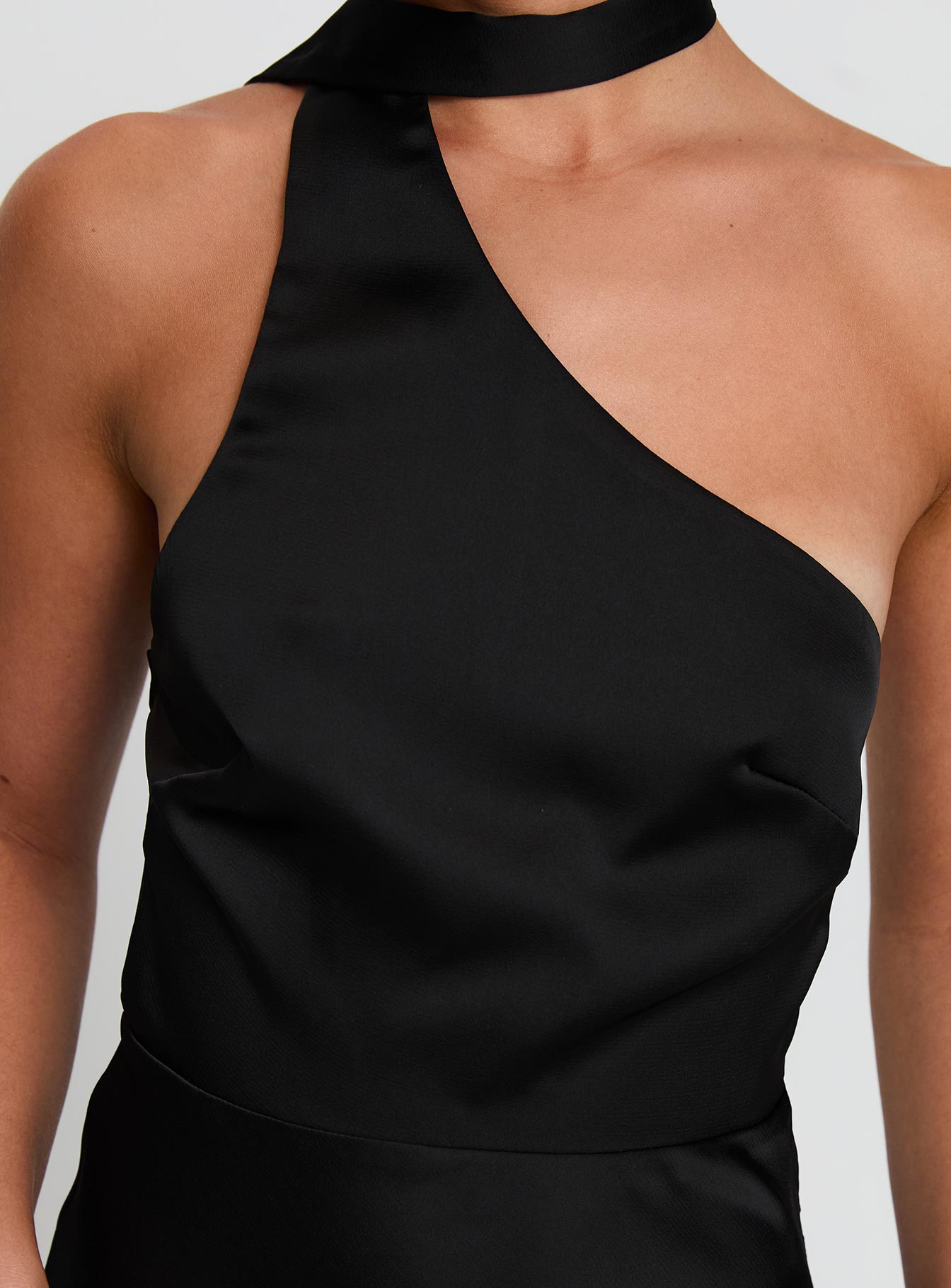 front view of model wearing Princess Polly Elixaire Scarf Maxi Dress Black Asymmetric Neckline 