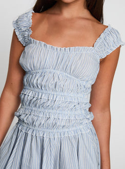 back view of model wearing Princess Polly Wonderlust Shirred Mini Dress Blue Stripe Square Neck 