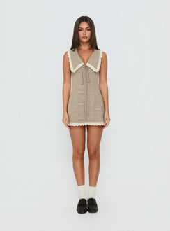 Mayci Collared Lace Trim Romper Brown Check