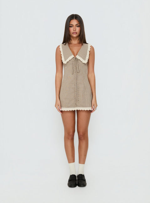 Mayci Collared Lace Trim Romper Brown Check