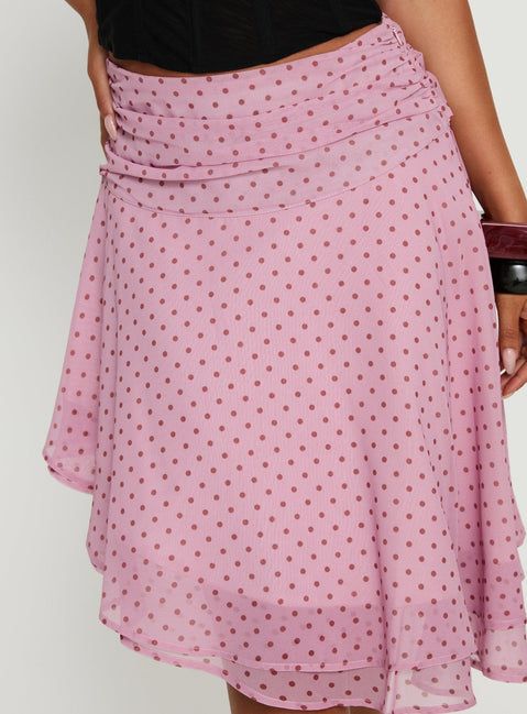 Evanescence Asymmetrical Midi Skirt Pink Polka Dot