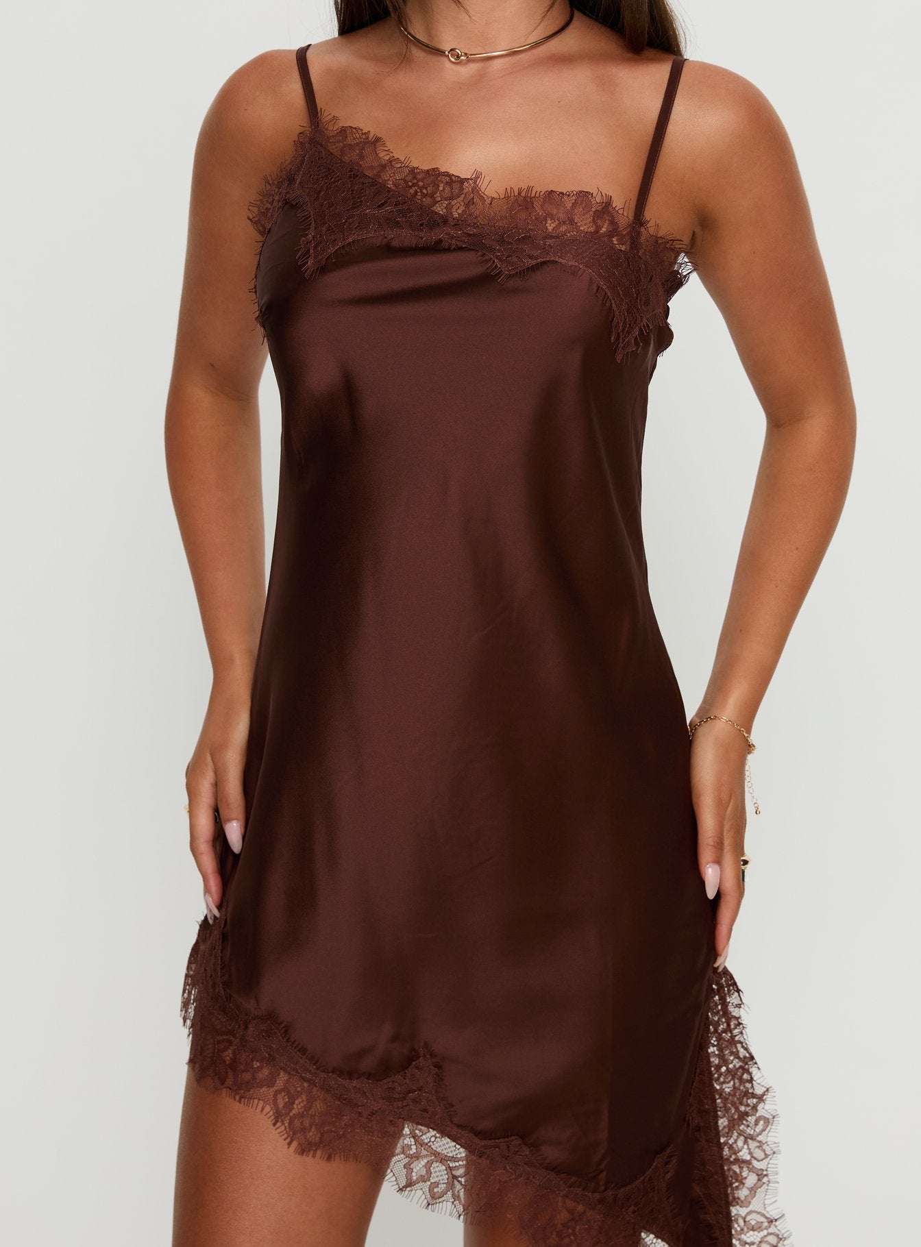 Malakhai Lace Asymmetrical Mini Dress Chocolate