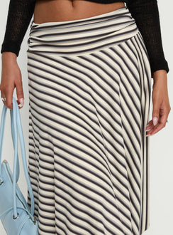 back view of model wearing Princess Polly Cobee Asymmetrical Midi Skirt Multi Stripe Midi Skirts 