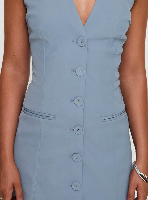 back view of model wearing Princess Polly Vyxen Halter Mini Dress Blue V-Neck 