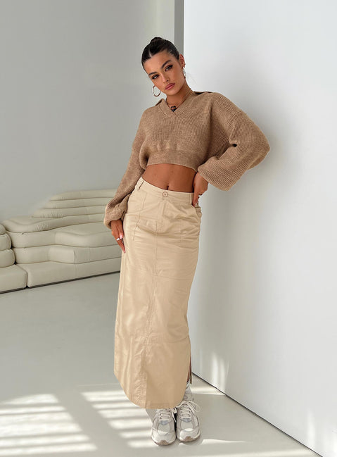 Front view of model wearing  front Devine Cargo Maxi Skirt Stone Princess Polly  Maxi 