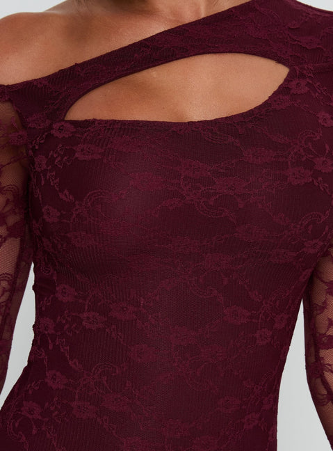 back view of model wearing Princess Polly Macaria Long Sleeve Lace Bodysuit Red Long Sleeve Tops Bodysuit 