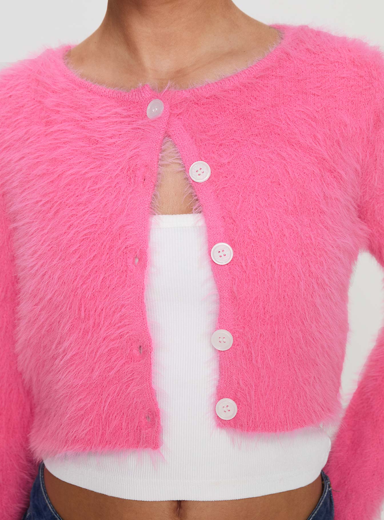 back view of model wearing Princess Polly Just A Girl Cardigan Pink cropped 