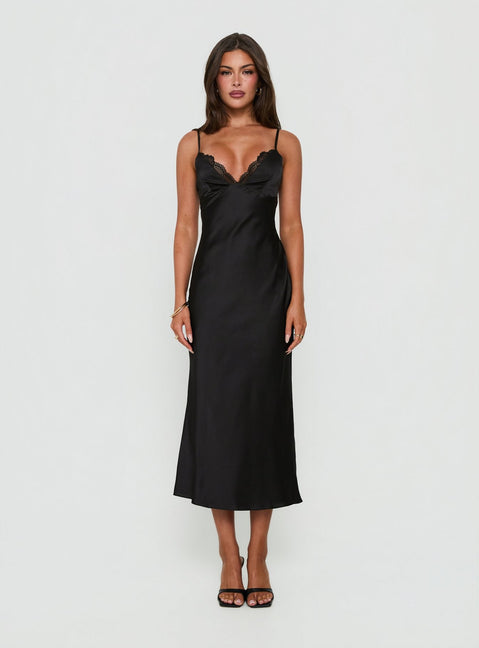 Declanna Satin Lace Trim Slip Midi Dress Black