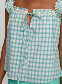 Darleena Babydoll Tie Up Top Aqua Check