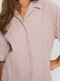 Soft Side Oversized Button Up Top Pink Check