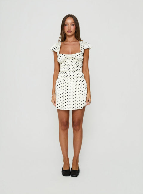 Evangelie Ruched Mini Dress White Polka