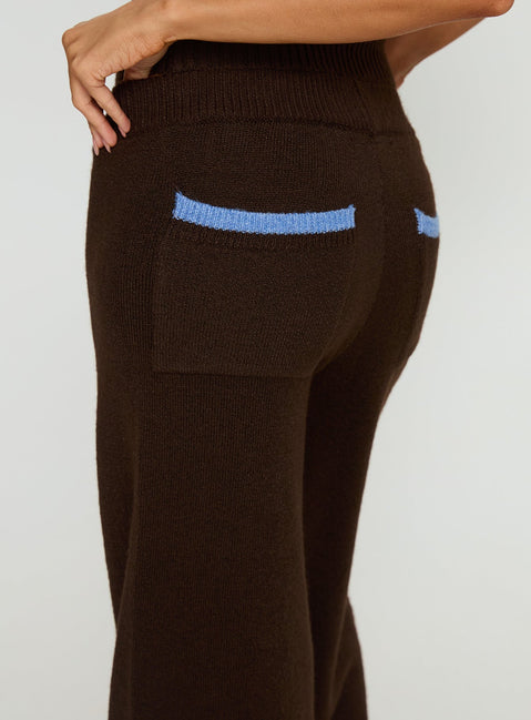 side view of model wearing Princess Polly Bekki Wide Leg Knit Pant Brown High Rise Pants 