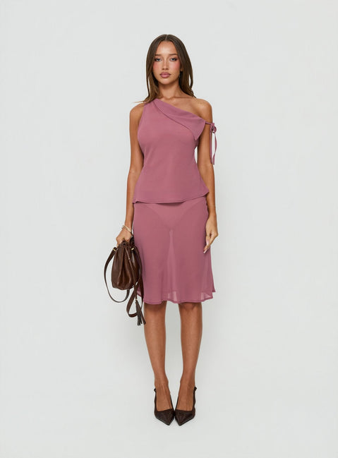 Showcasing the Vianna Sheer Midi Skirt Pink in womens-skirts with midi length front view of model wearing Princess Polly