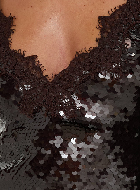 Thalina Sequin Deep V Lace Trim Mini Dress Chocolate