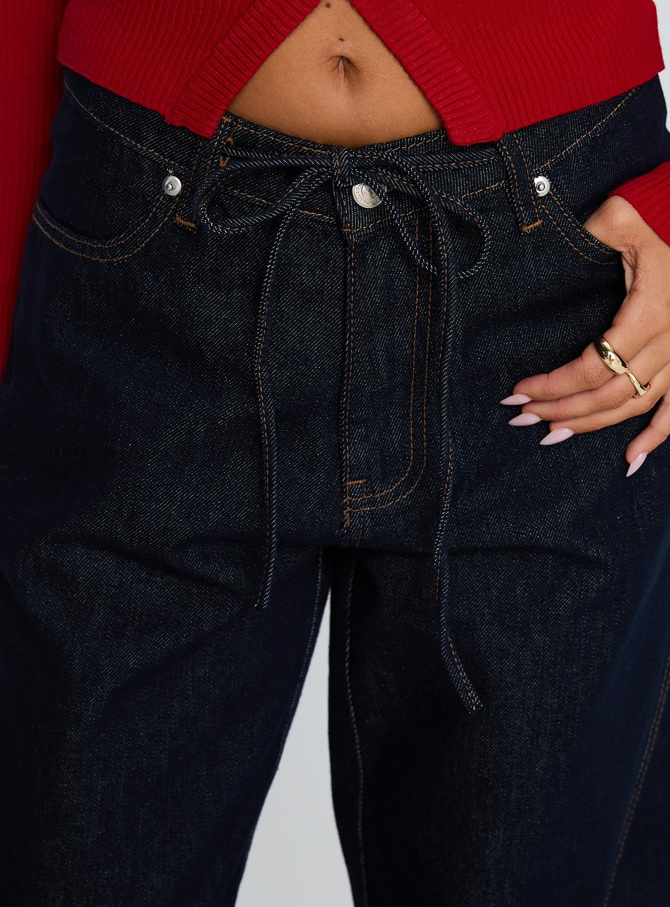 Bruiser Tie Waist Mid Rise Wide Leg Jeans Dark Indigo