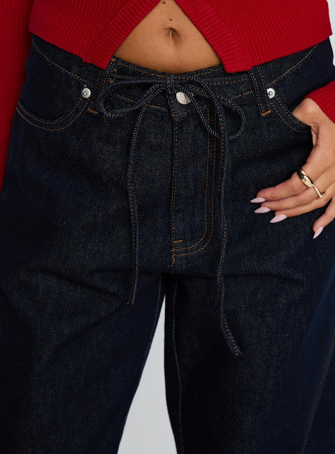 Bruiser Tie Waist Mid Rise Wide Leg Jeans Dark Indigo